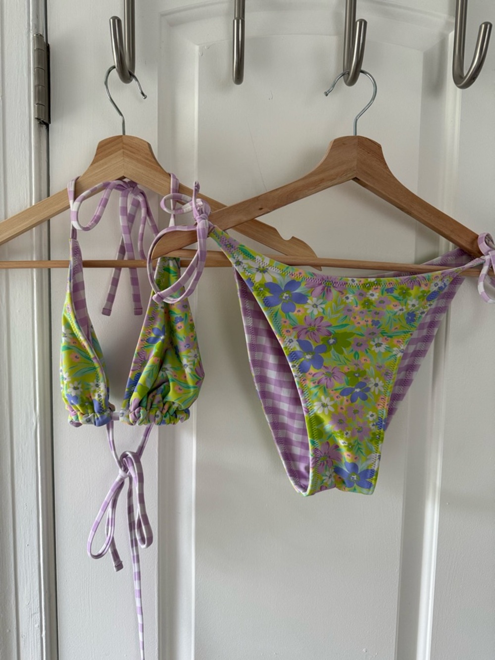 Floral & Gingham Purple Green Reversible Bikini Set